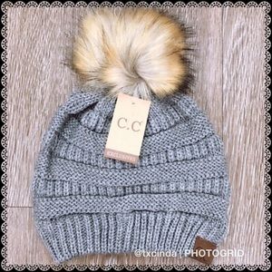 BRAND NEW C.C. Grey Faux Fur Pom Beanie